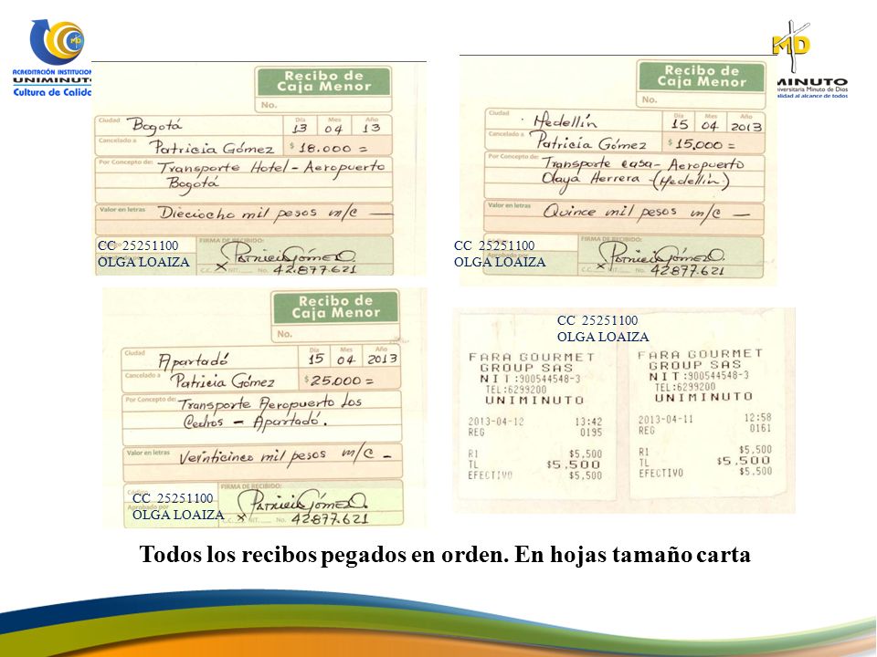 Todos los recibos pegados en orden. En hojas tamaño carta