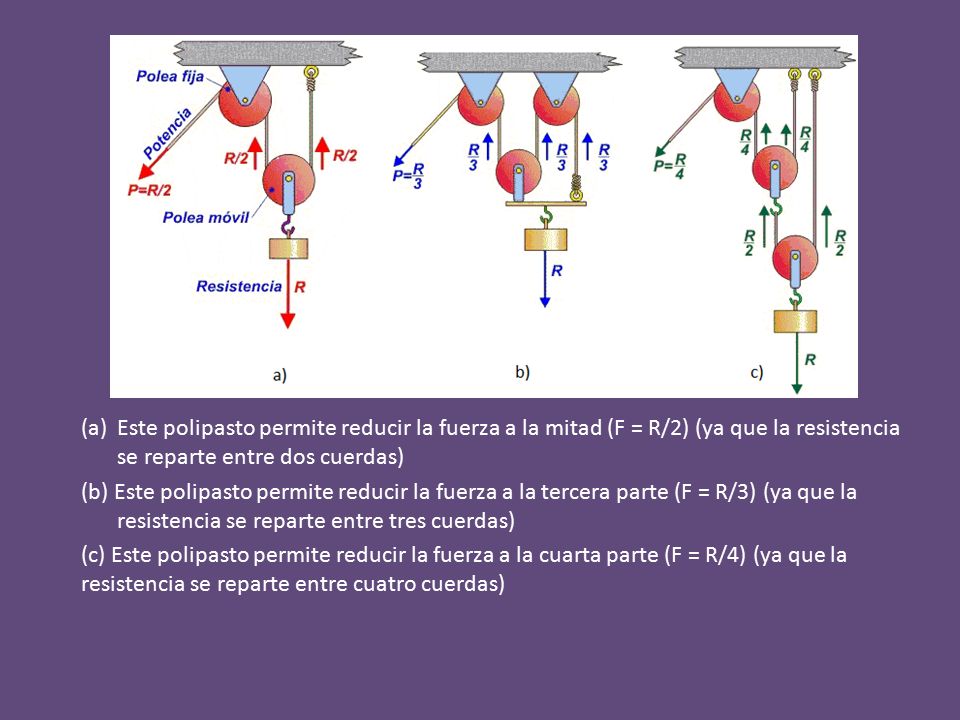 Este polipasto permite reducir la fuerza a la mitad (F = R/2) (ya que la resistencia se reparte entre dos cuerdas)