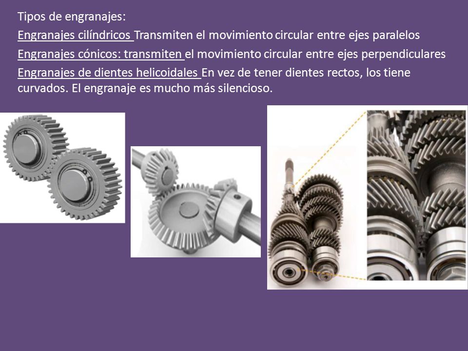 Tipos de engranajes: Engranajes cilíndricos Transmiten el movimiento circular entre ejes paralelos.