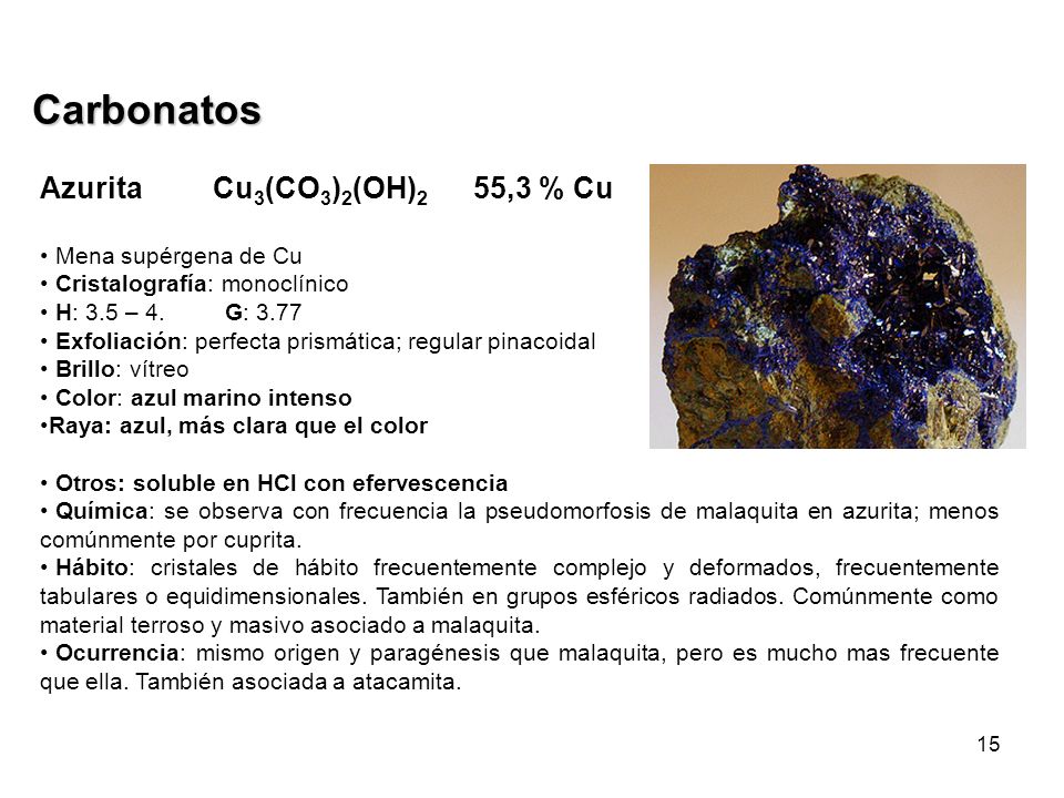 Carbonatos Azurita Cu3(CO3)2(OH)2 55,3 % Cu Mena supérgena de Cu