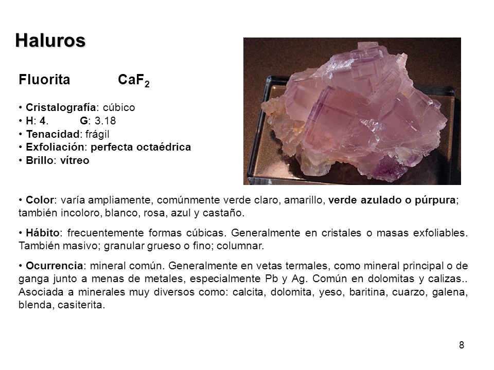 Haluros Fluorita CaF2 Cristalografía: cúbico H: 4. G: 3.18