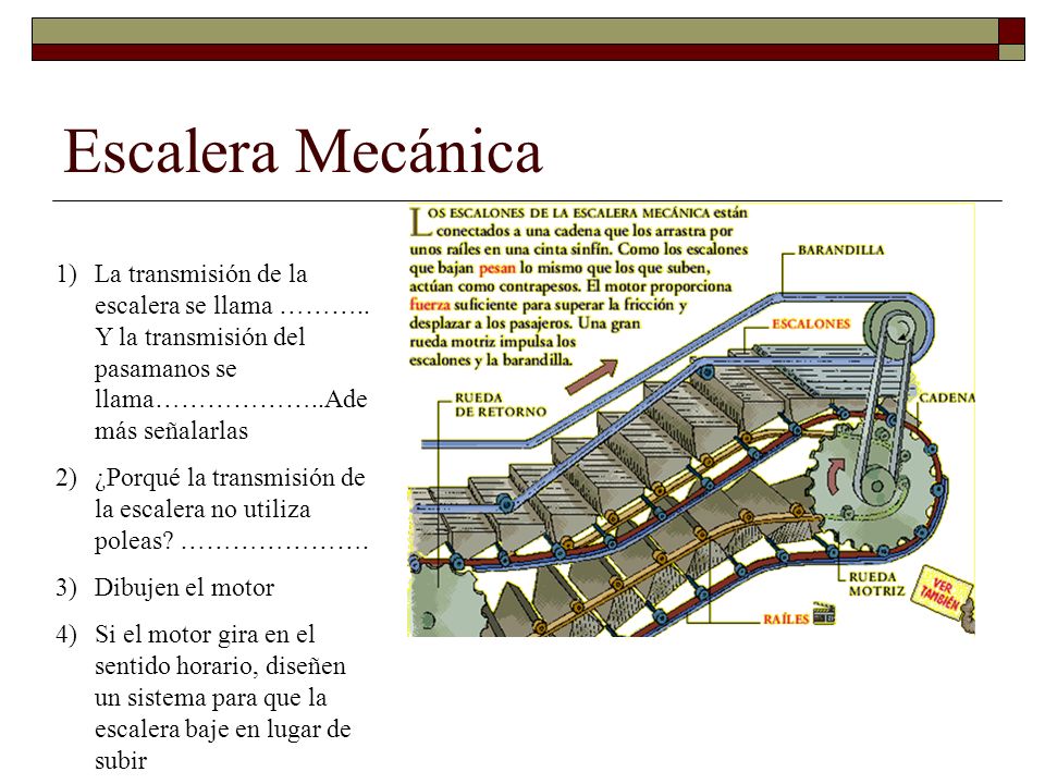 Escalera Mecánica La transmisión de la escalera se llama ……….. Y la transmisión del pasamanos se llama………………..Además señalarlas.
