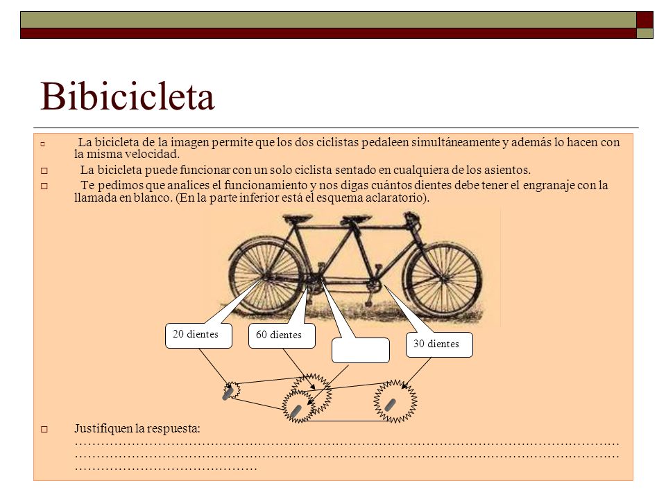 Bibicicleta La bicicleta de la imagen permite que los dos ciclistas pedaleen simultáneamente y además lo hacen con la misma velocidad.