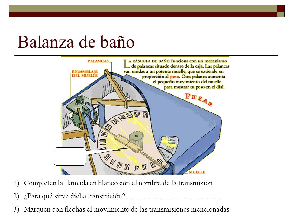 Balanza de baño Completen la llamada en blanco con el nombre de la transmisión. ¿Para qué sirve dicha transmisión …………………………………….
