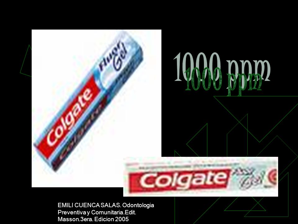 1000 ppm EMILI CUENCA SALAS. Odontologia Preventiva y Comunitaria.Edit. Masson.3era. Edicion 2005