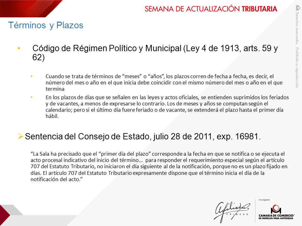 Términos y Plazos Código de Régimen Político y Municipal (Ley 4 de 1913, arts. 59 y 62)