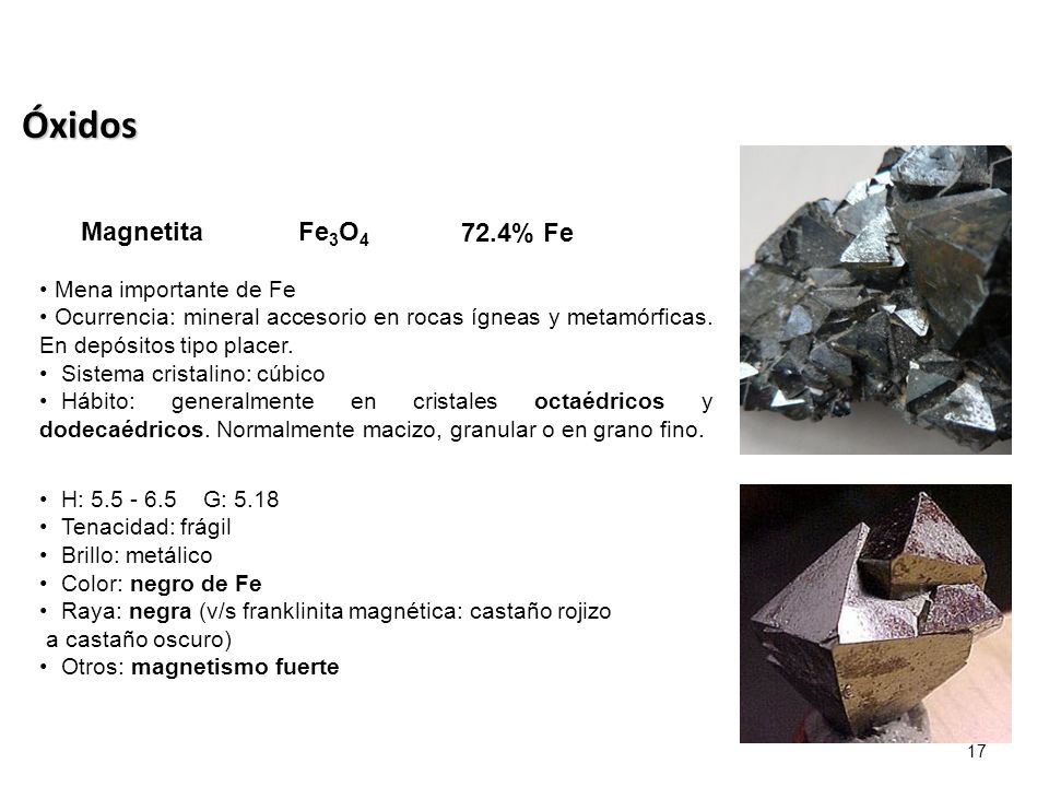 Óxidos Magnetita Fe3O4 72.4% Fe Mena importante de Fe