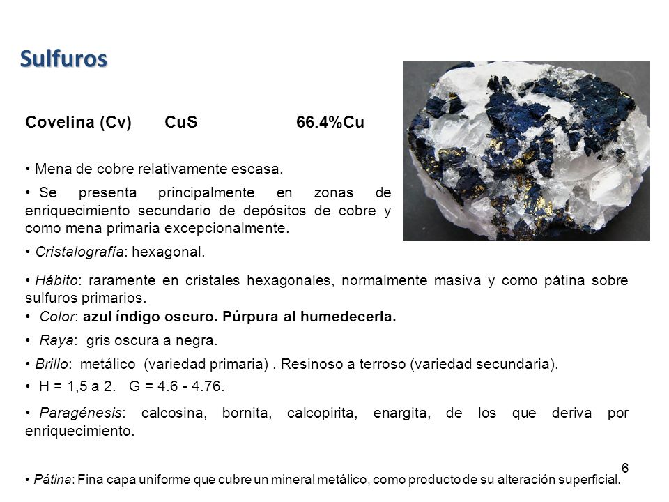 Sulfuros Covelina (Cv) CuS 66.4%Cu Mena de cobre relativamente escasa.