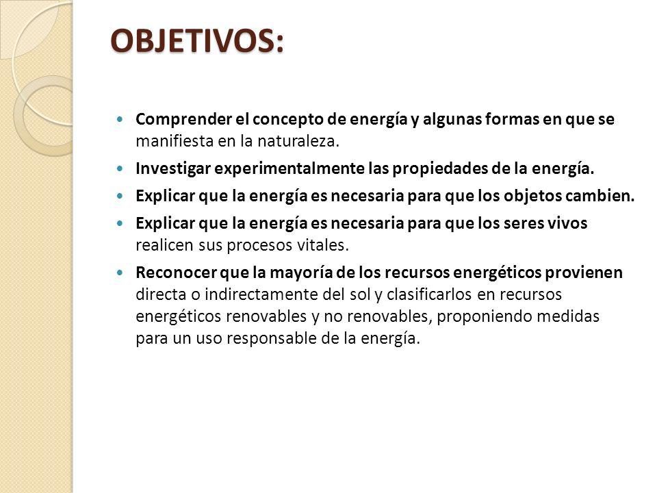 OBJETIVOS: Comprender el concepto de energía y algunas formas en que se manifiesta en la naturaleza.