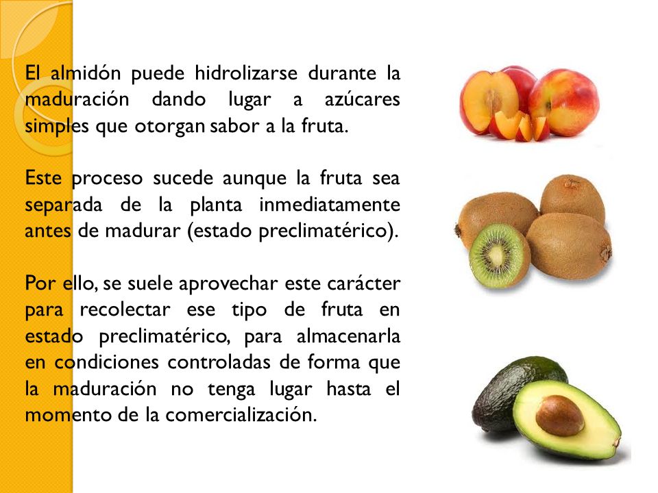 El almidón puede hidrolizarse durante la maduración dando lugar a azúcares simples que otorgan sabor a la fruta.