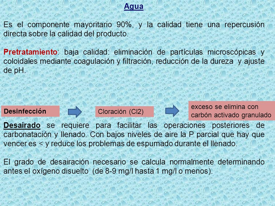 Agua Es el componente mayoritario 90%, y la calidad tiene una repercusión directa sobre la calidad del producto.