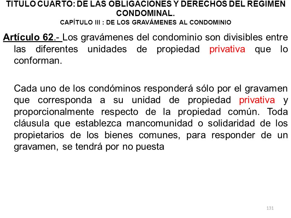 TITULO CUARTO: DE LAS OBLIGACIONES Y DERECHOS DEL RÉGIMEN CONDOMINAL