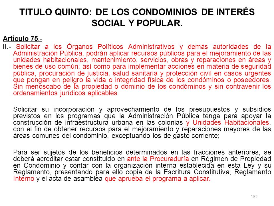 TITULO QUINTO: DE LOS CONDOMINIOS DE INTERÉS SOCIAL Y POPULAR.
