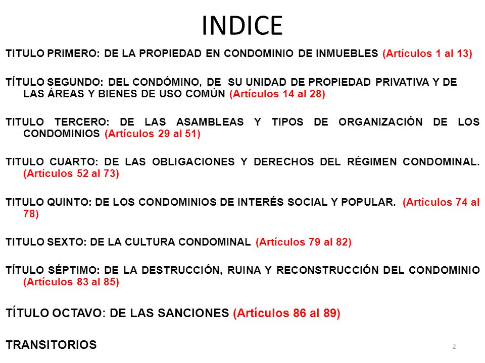 INDICE TÍTULO OCTAVO: DE LAS SANCIONES (Artículos 86 al 89)