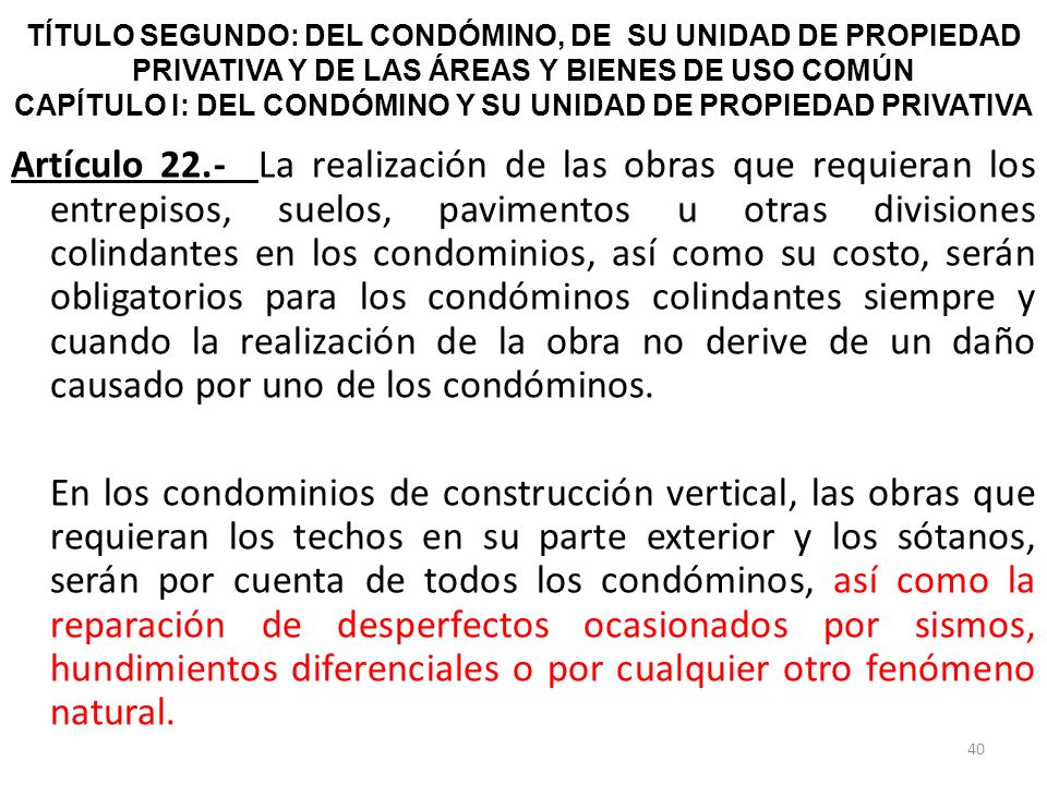 TÍTULO SEGUNDO: DEL CONDÓMINO, DE SU UNIDAD DE PROPIEDAD PRIVATIVA Y DE LAS ÁREAS Y BIENES DE USO COMÚN CAPÍTULO I: DEL CONDÓMINO Y SU UNIDAD DE PROPIEDAD PRIVATIVA