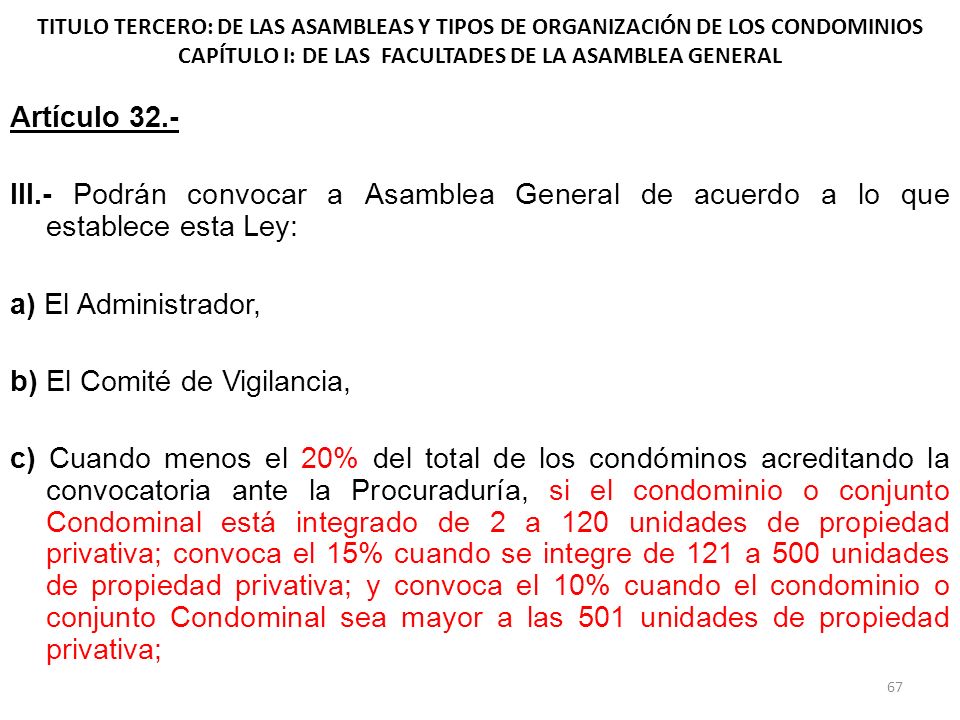 TITULO TERCERO: DE LAS ASAMBLEAS Y TIPOS DE ORGANIZACIÓN DE LOS CONDOMINIOS CAPÍTULO I: DE LAS FACULTADES DE LA ASAMBLEA GENERAL