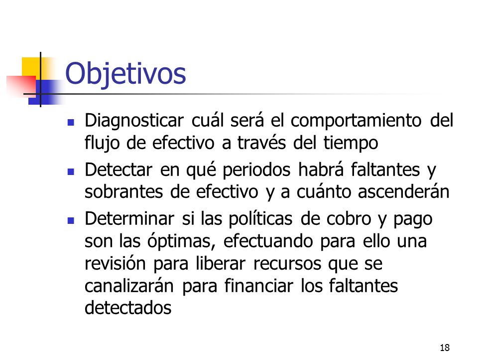 Objetivos Diagnosticar cuál será el comportamiento del flujo de efectivo a través del tiempo.