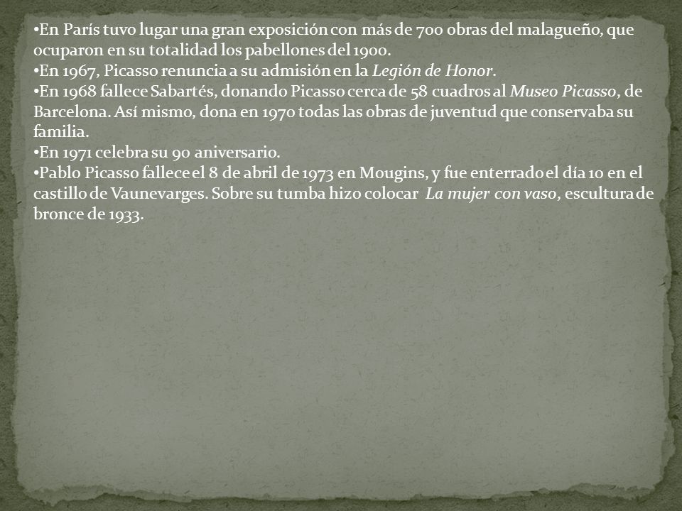 En París tuvo lugar una gran exposición con más de 700 obras del malagueño, que ocuparon en su totalidad los pabellones del 1900.