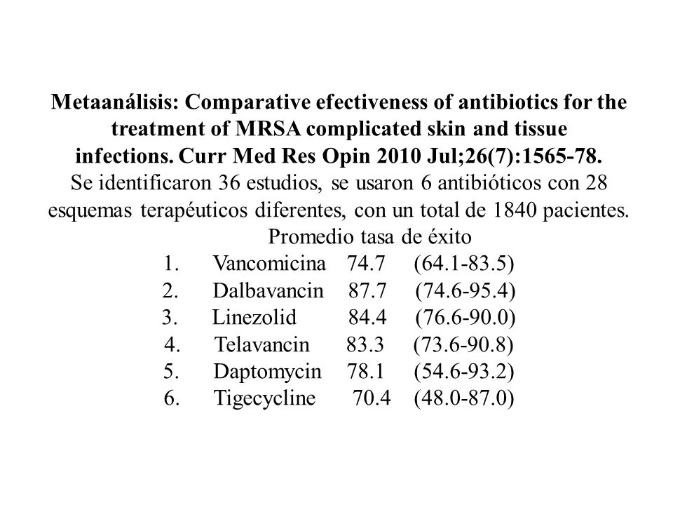 Metaanálisis: Comparative efectiveness of antibiotics for the treatment of MRSA complicated skin and tissue infections. Curr Med Res Opin 2010 Jul;26(7):