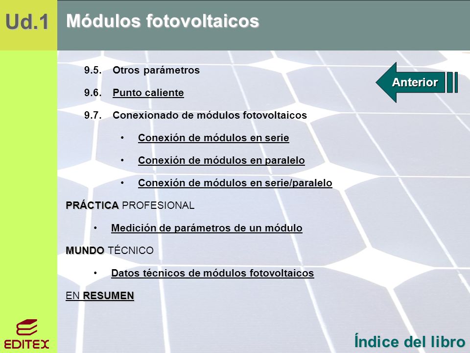 Ud.1 Ud.1 Ud.1 Módulos fotovoltaicos Índice del libro Anterior