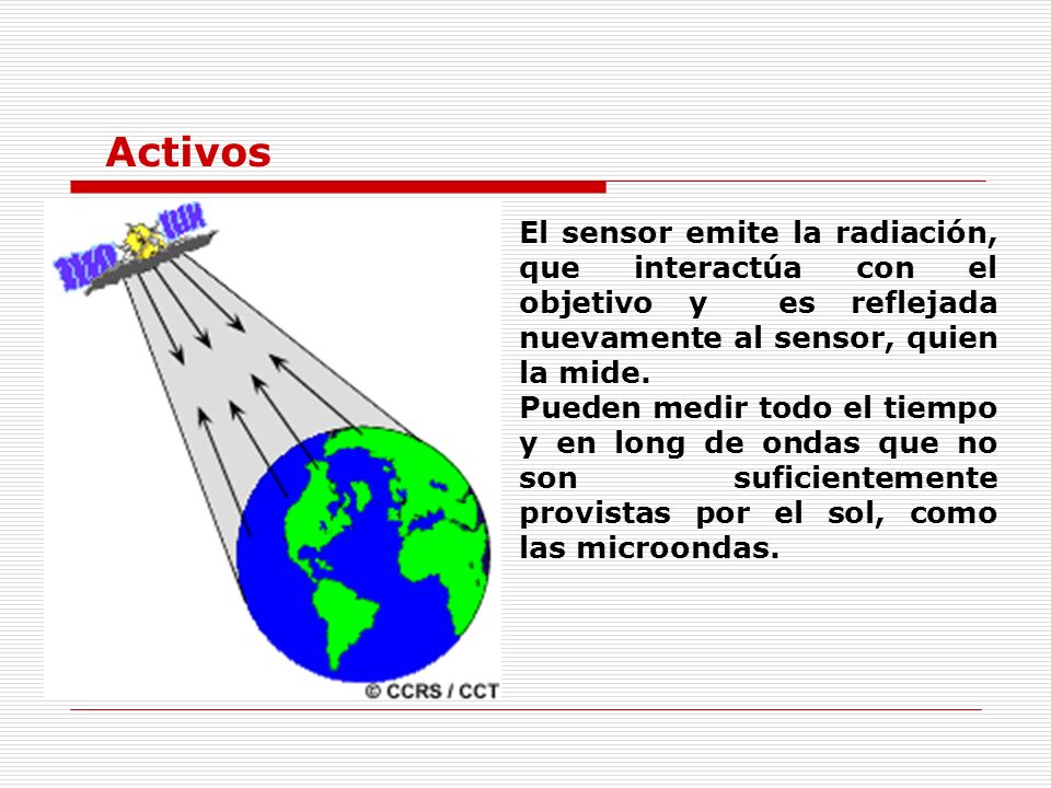El sensor emite la radiación, que interactúa con el objetivo y es reflejada nuevamente al sensor, quien la mide.