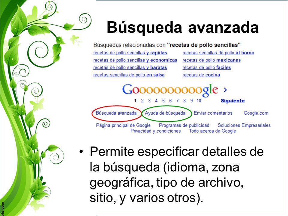 Búsqueda avanzada Permite especificar detalles de la búsqueda (idioma, zona geográfica, tipo de archivo, sitio, y varios otros).