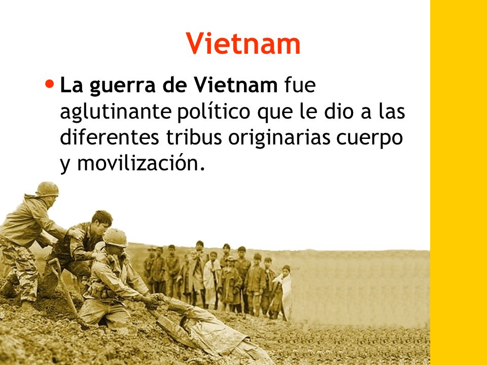 Vietnam La guerra de Vietnam fue aglutinante político que le dio a las diferentes tribus originarias cuerpo y movilización.