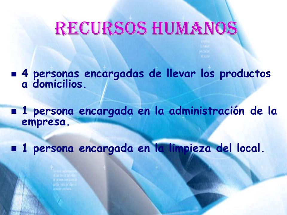 Recursos Humanos 4 personas encargadas de llevar los productos a domicilios. 1 persona encargada en la administración de la empresa.