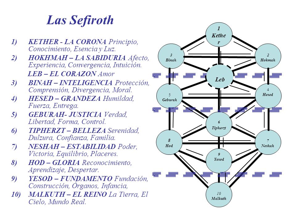 Las Sefiroth KETHER - LA CORONA Principio, Conocimiento, Esencia y Luz. HOKHMAH – LA SABIDURIA Afecto, Experiencia, Convergencia, Intuición.