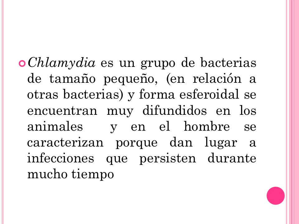 Chlamydia es un grupo de bacterias de tamaño pequeño, (en relación a otras bacterias) y forma esferoidal se encuentran muy difundidos en los animales y en el hombre se caracterizan porque dan lugar a infecciones que persisten durante mucho tiempo