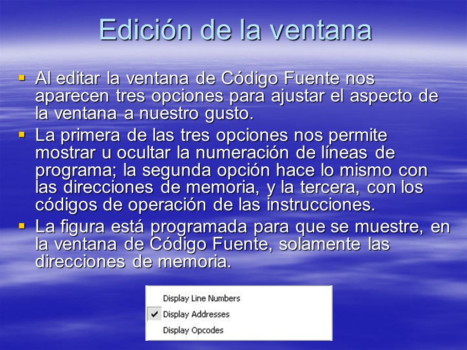 Edición de la ventana Al editar la ventana de Código Fuente nos aparecen tres opciones para ajustar el aspecto de la ventana a nuestro gusto.