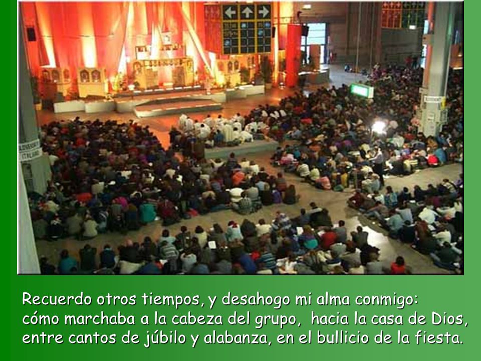 Recuerdo otros tiempos, y desahogo mi alma conmigo: cómo marchaba a la cabeza del grupo, hacia la casa de Dios, entre cantos de júbilo y alabanza, en el bullicio de la fiesta.