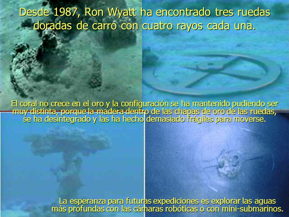 Desde 1987, Ron Wyatt ha encontrado tres ruedas doradas de carro con cuatro rayos cada una.