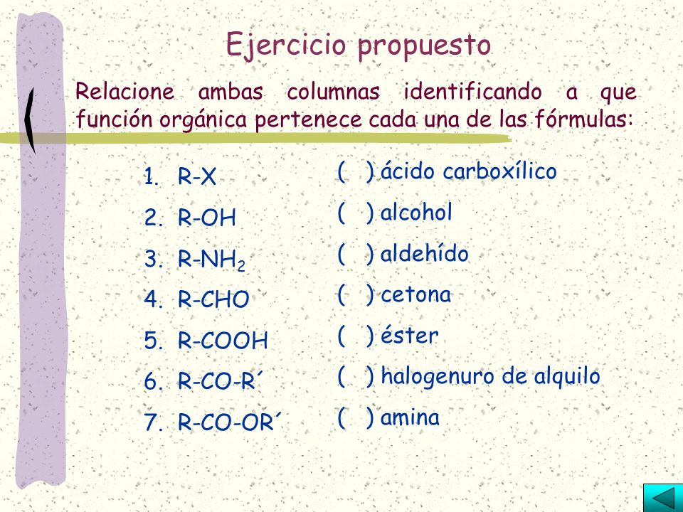 Ejercicio propuesto Relacione ambas columnas identificando a que función orgánica pertenece cada una de las fórmulas: