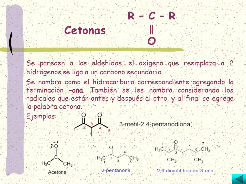 R – C – R ‖ O Cetonas. Se parecen a los aldehídos, el oxígeno que reemplaza a 2 hidrógenos se liga a un carbono secundario.