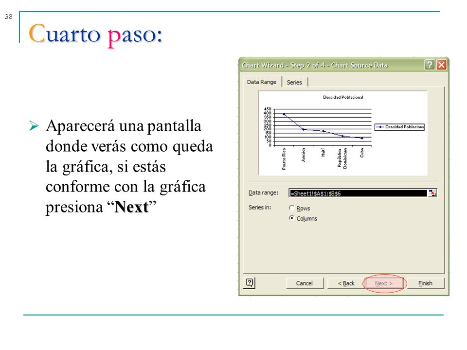 Cuarto paso: Aparecerá una pantalla donde verás como queda la gráfica, si estás conforme con la gráfica presiona Next
