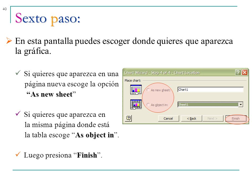 Sexto paso: En esta pantalla puedes escoger donde quieres que aparezca la gráfica. Si quieres que aparezca en una.