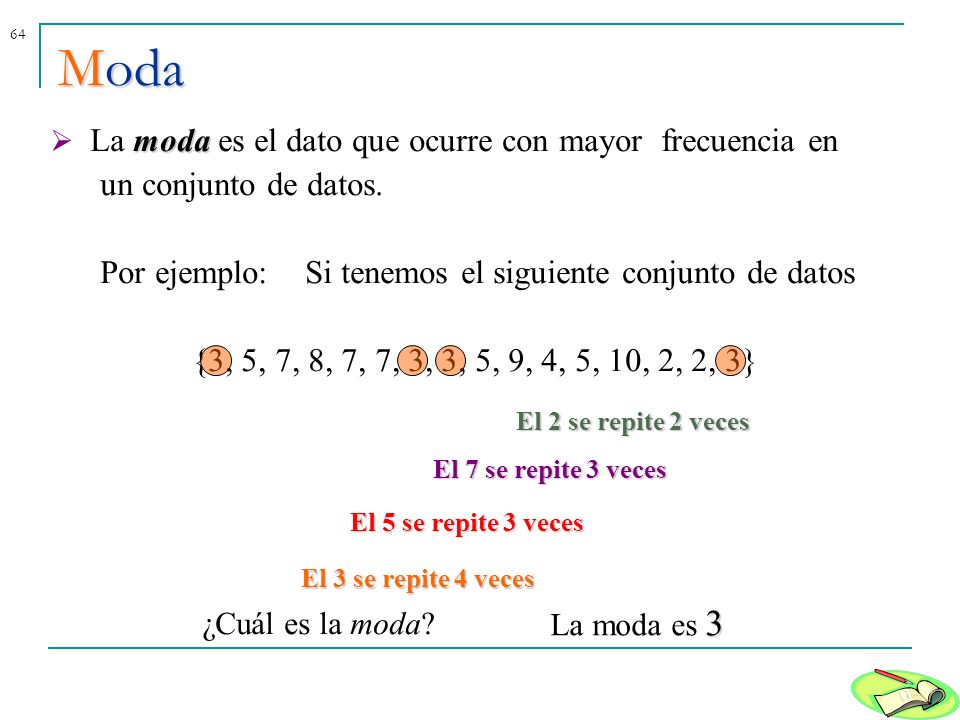 Moda La moda es el dato que ocurre con mayor frecuencia en