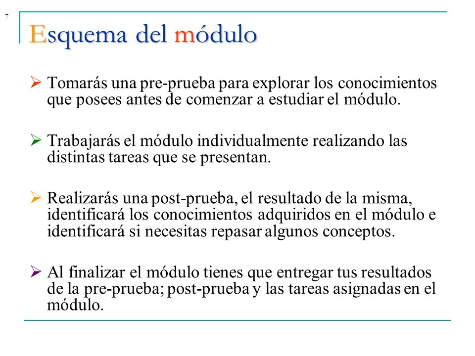 Esquema del módulo Tomarás una pre-prueba para explorar los conocimientos que posees antes de comenzar a estudiar el módulo.