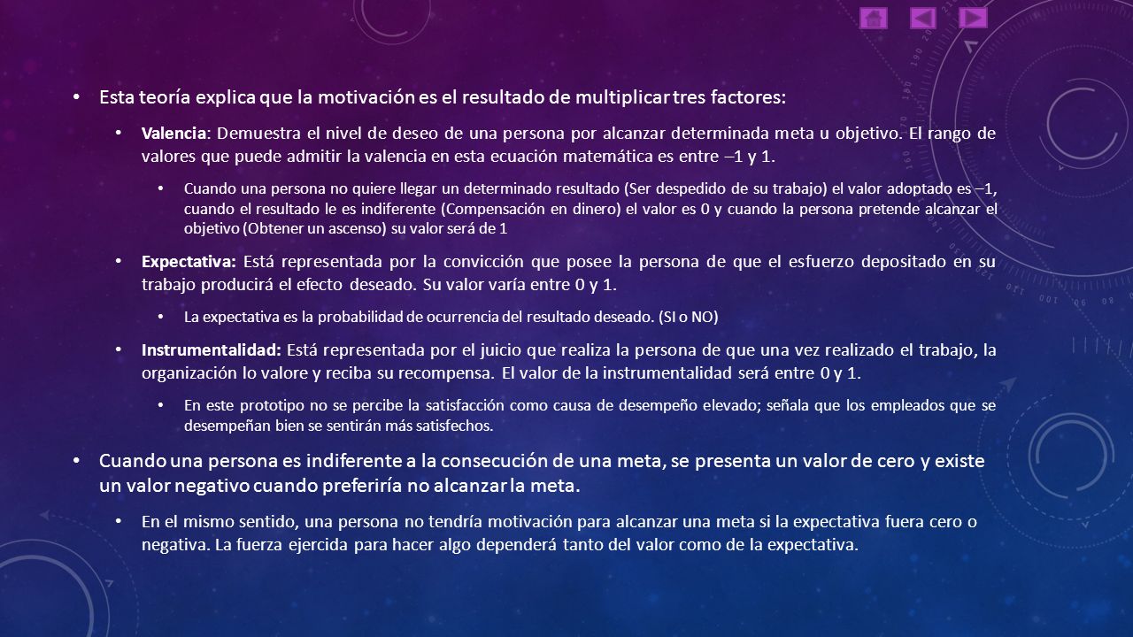 Esta teoría explica que la motivación es el resultado de multiplicar tres factores: