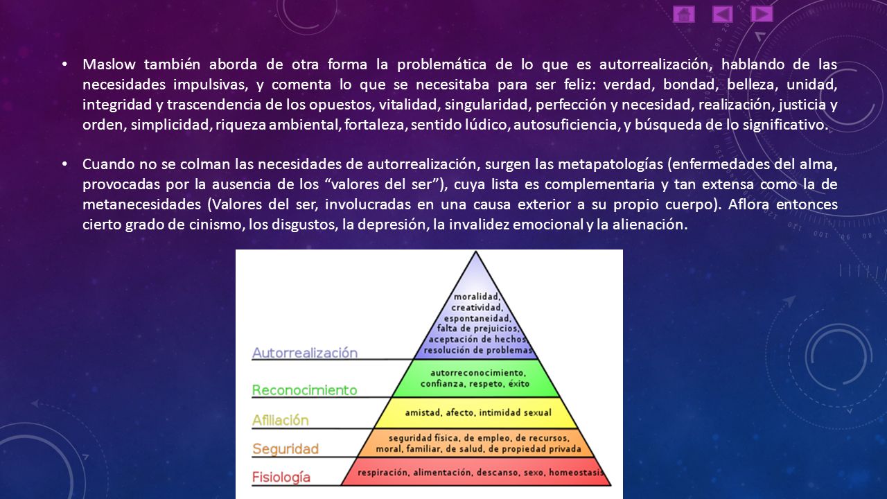 Maslow también aborda de otra forma la problemática de lo que es autorrealización, hablando de las necesidades impulsivas, y comenta lo que se necesitaba para ser feliz: verdad, bondad, belleza, unidad, integridad y trascendencia de los opuestos, vitalidad, singularidad, perfección y necesidad, realización, justicia y orden, simplicidad, riqueza ambiental, fortaleza, sentido lúdico, autosuficiencia, y búsqueda de lo significativo.