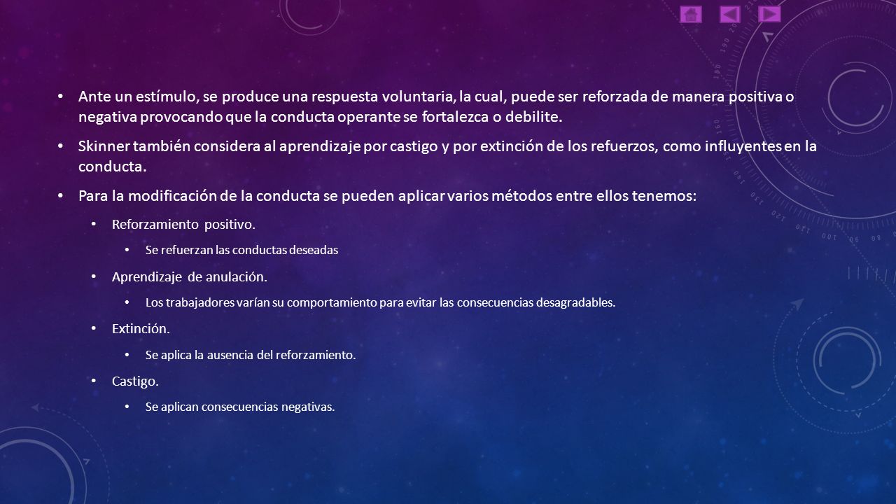 Ante un estímulo, se produce una respuesta voluntaria, la cual, puede ser reforzada de manera positiva o negativa provocando que la conducta operante se fortalezca o debilite.