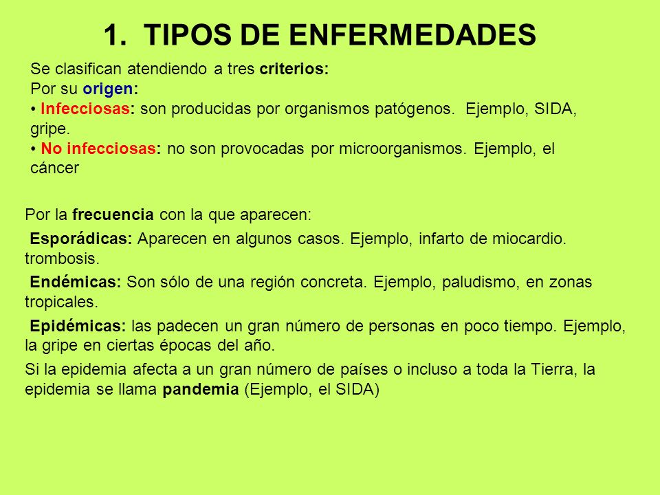 1. TIPOS DE ENFERMEDADES Se clasifican atendiendo a tres criterios: