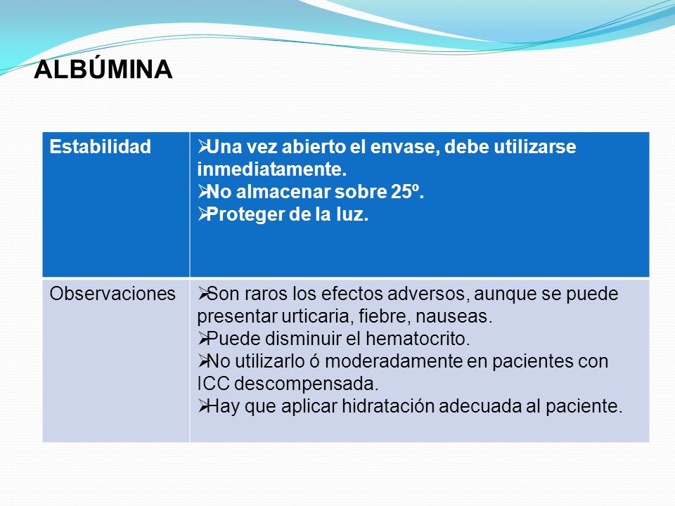 ALBÚMINA Estabilidad. Una vez abierto el envase, debe utilizarse inmediatamente. No almacenar sobre 25º.