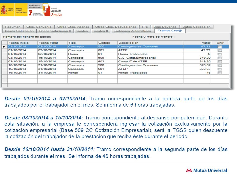 Desde 01/10/2014 a 02/10/2014: Tramo correspondiente a la primera parte de los días trabajados por el trabajador en el mes. Se informa de 6 horas trabajadas.