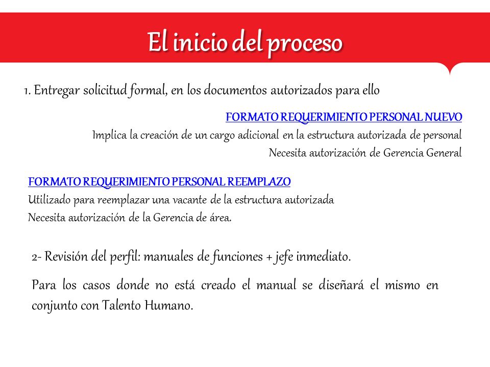 El inicio del proceso 1. Entregar solicitud formal, en los documentos autorizados para ello. FORMATO REQUERIMIENTO PERSONAL NUEVO.