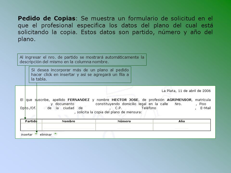 Pedido de Copias: Se muestra un formulario de solicitud en el que el profesional especifica los datos del plano del cual está solicitando la copia. Estos datos son partido, número y año del plano.