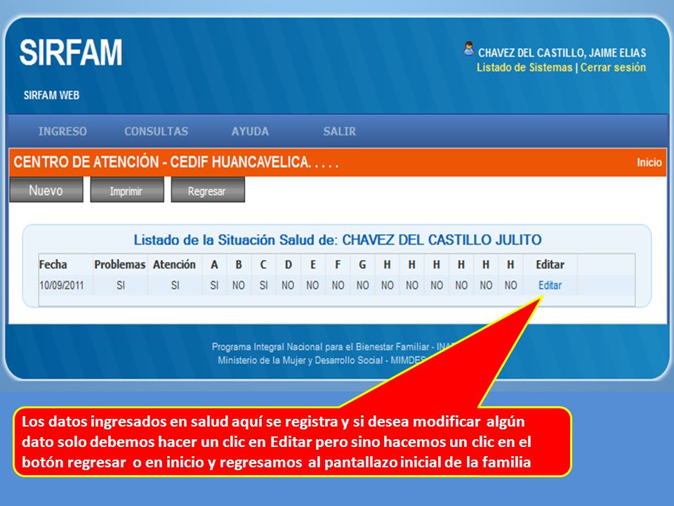 Los datos ingresados en salud aquí se registra y si desea modificar algún dato solo debemos hacer un clic en Editar pero sino hacemos un clic en el botón regresar o en inicio y regresamos al pantallazo inicial de la familia