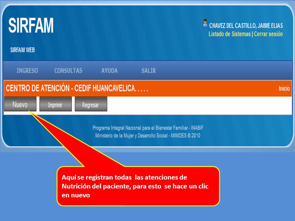 Aquí se registran todas las atenciones de Nutrición del paciente, para esto se hace un clic en nuevo