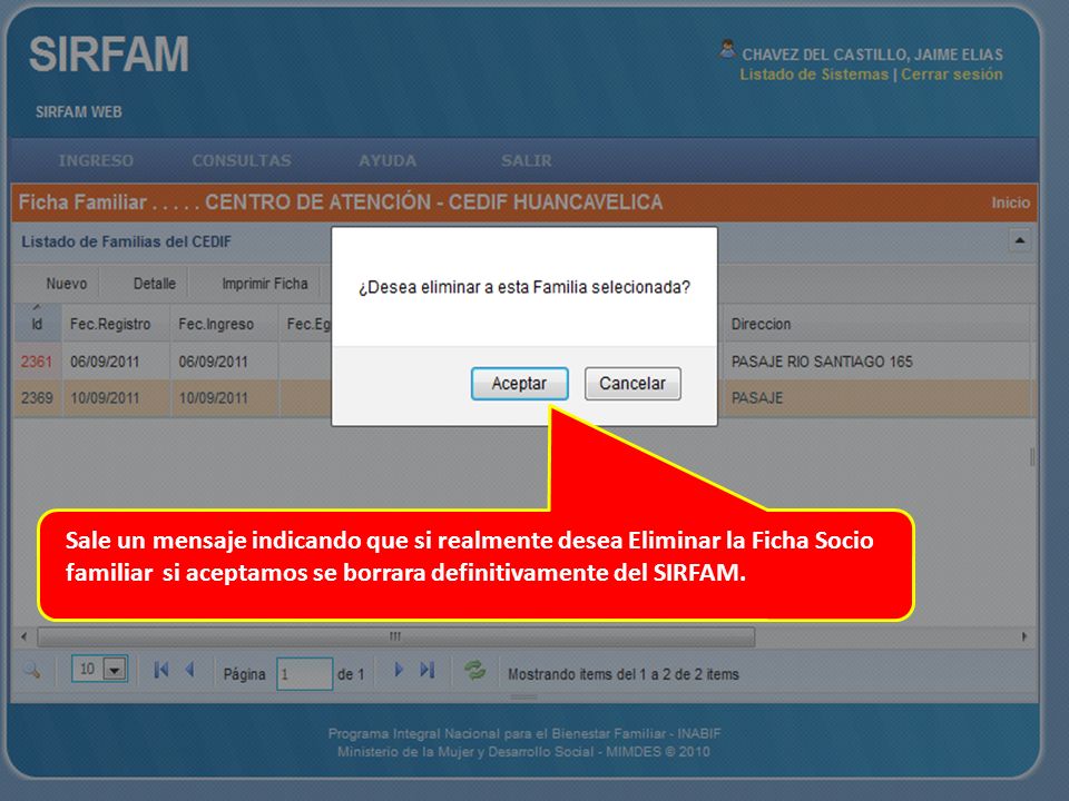 Sale un mensaje indicando que si realmente desea Eliminar la Ficha Socio familiar si aceptamos se borrara definitivamente del SIRFAM.